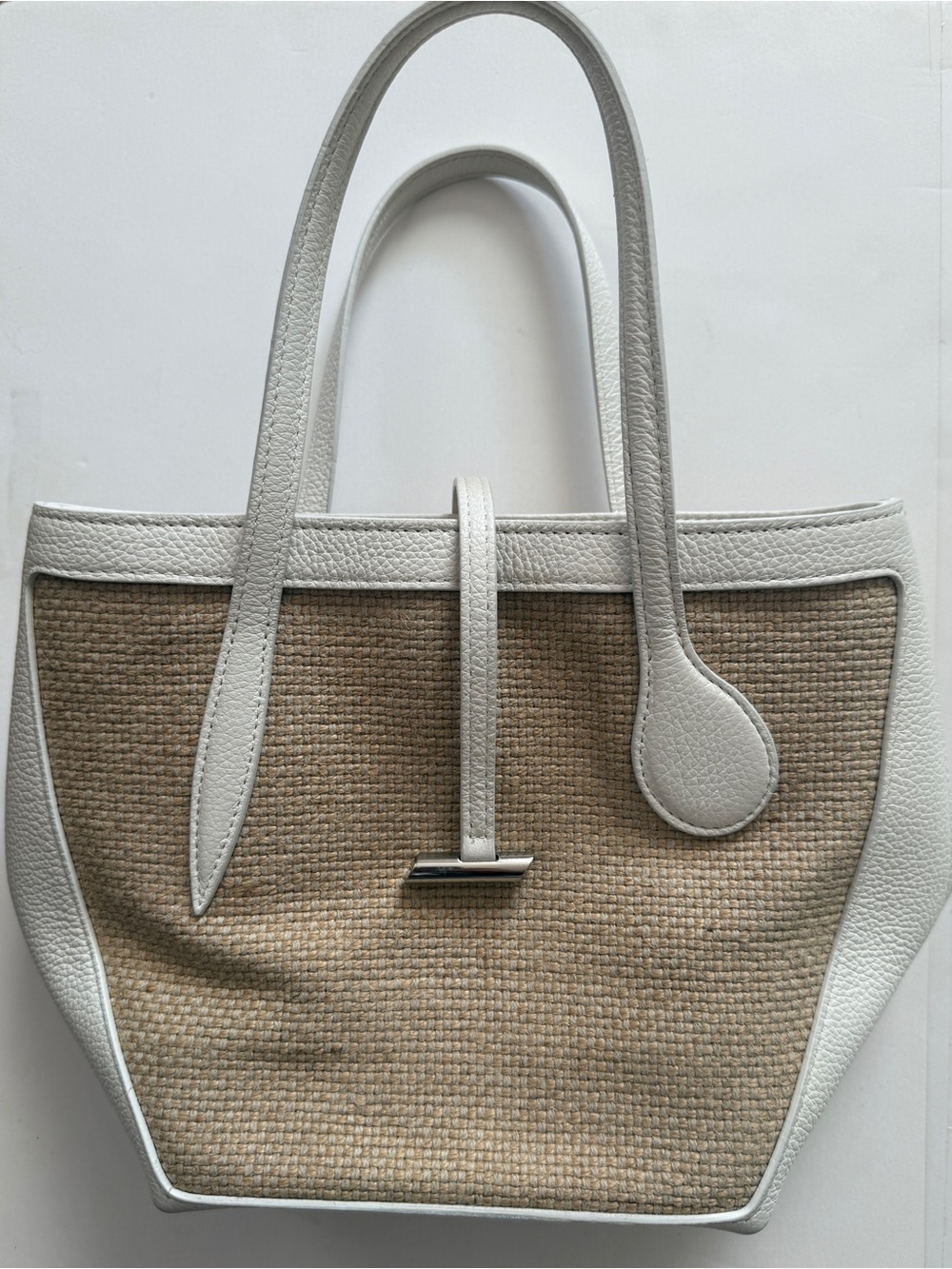 White Trim Tan Woven Tote Bag